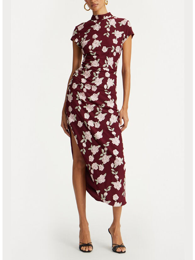 ABITO LUNGO MESH ASYMMETRIC FLOWER PRINT, 2934 ZINFANDEL, large