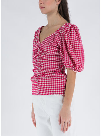 BLOUSA STRETCH SEERSUCKER GATHERED V NECK, 487 LOVE POTION, small
