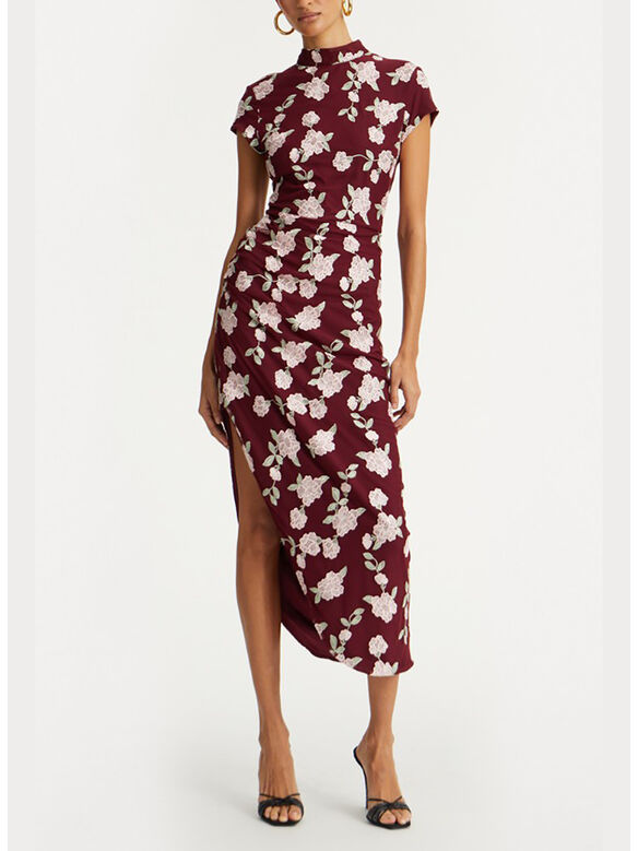 ABITO LUNGO MESH ASYMMETRIC FLOWER PRINT, 2934 ZINFANDEL, medium