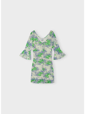 ABITO CORTO PRINTED MESH U NECK RUCHED, 135 EGRET, small