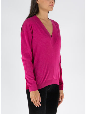 MAGLIONE CASHMERE  & FLUID SATIN V-NECK, DP847 RASPBERRY, small