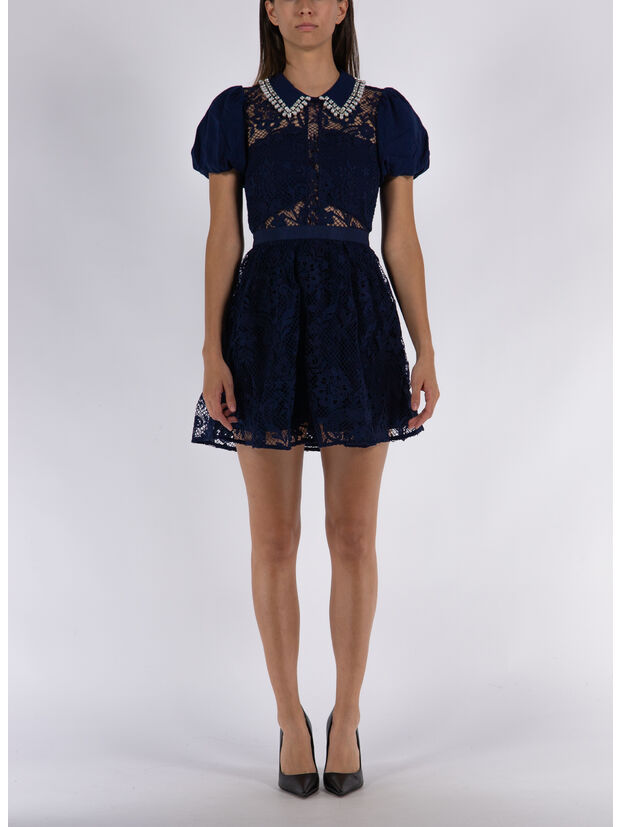 ABITO CORTO IN PIZZO CON MANICHE A PALLONCINO, NAVY, large