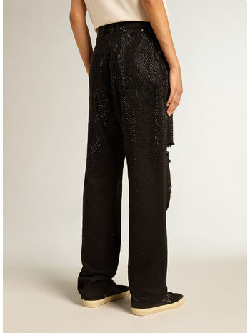 PANTALONE IN DENIM DI COTONE E CRISTALLI, 90100 BLACK, small