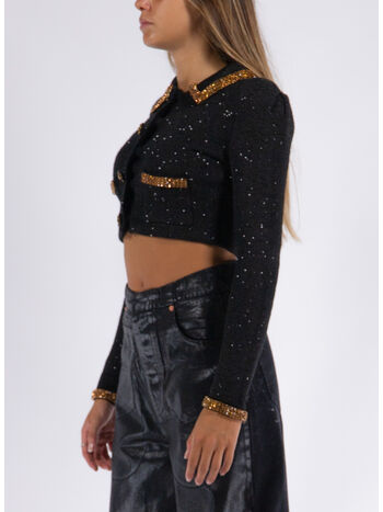 CARDIGAN BLACK KNIT GOLD STRASS, BLACK, small