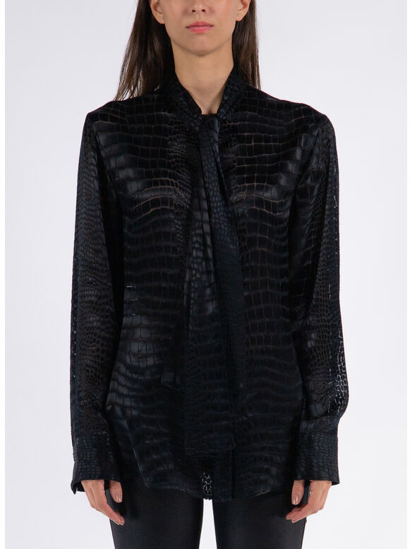 CAMICIA LAVALLIÈRE DEVORÉ EFFETTO COCCO, 1B000 BLACK, medium