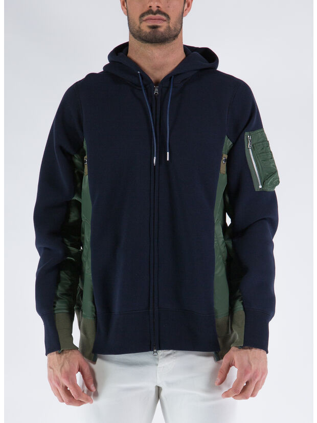 SACAI FELPA SPONGE SWEAT X NYLON TWILL HOODIE Navy, Green Man | Susi