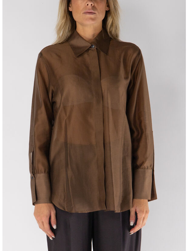 CAMICIA SEMITRASPARENTE CON COLLO BUTTON DOWN, CIOCCOLATO, large