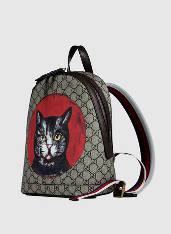 ZAINO MISURA PICCOLA IN GG SUPREME CON STAMPA GATTO, 9745BEIGE, small