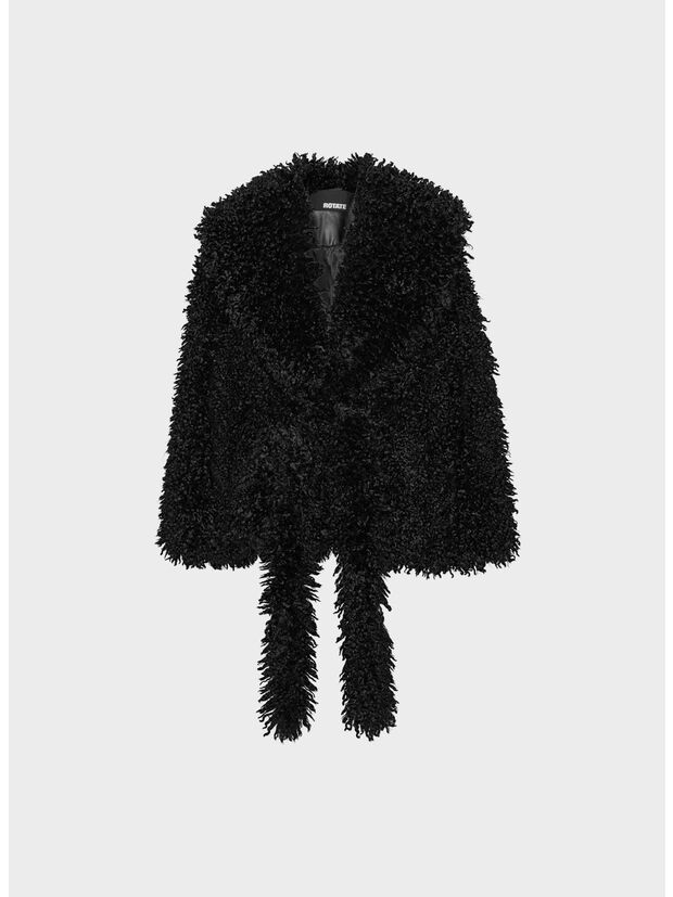 JACKET FAUX FUR BELTED, 100 BLACK, large
