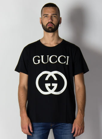 T-SHIRT OVERSIZE CON STAMPA GG, 1289BLACKIVORY, small