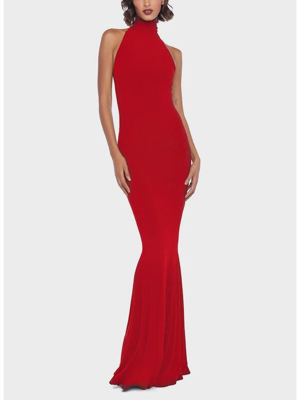 ABITO HALTER TURTLE FISHTAIL GOWN, TIGER RED, medium