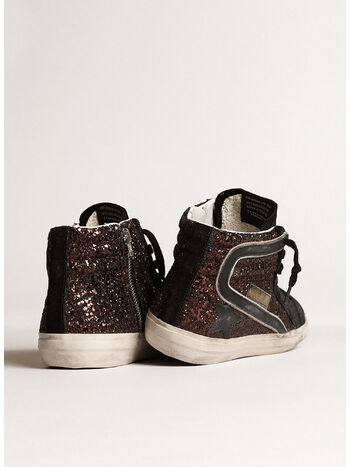 SCARPA GLITTER CON STELLA E VIRGOLA IN PELLE, 81993 COFFEE BROWN/BLACK/SILVER, small