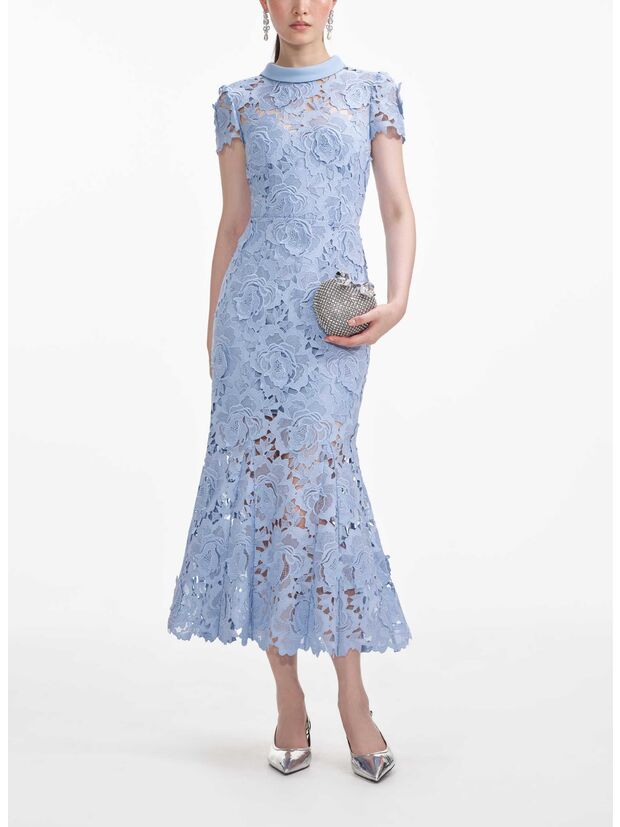 ABITO MIDI FLORAL LACE CONTRAST COLLAR, BLUE, large