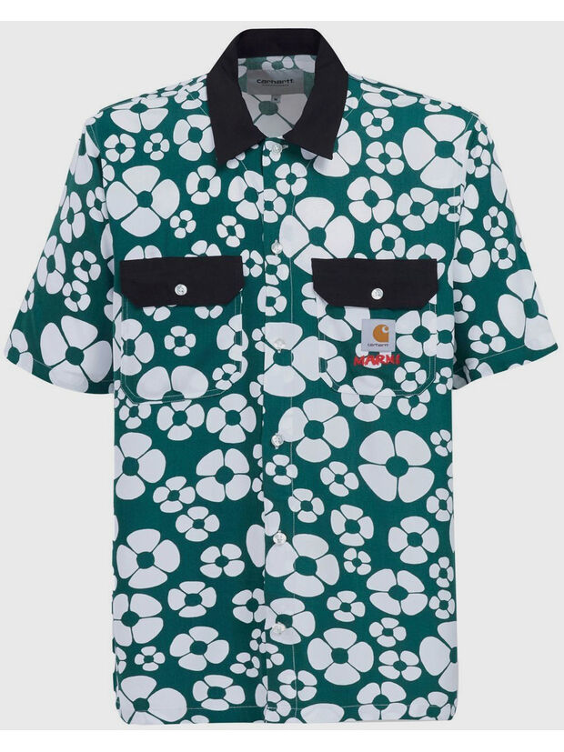 CAMICIA FLOREALE A MANICHE CORTE VERDE MARNI X CARHARTT WIP, MFV55 FOREST GREEN, large