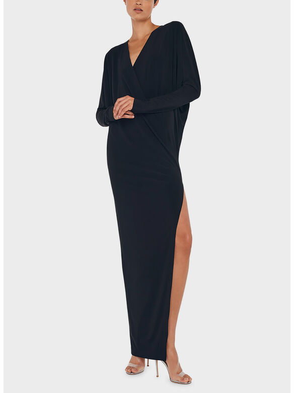 ABITO DOLMAN WRAP GOWN W/ SIDE SLIT, BLACK, medium
