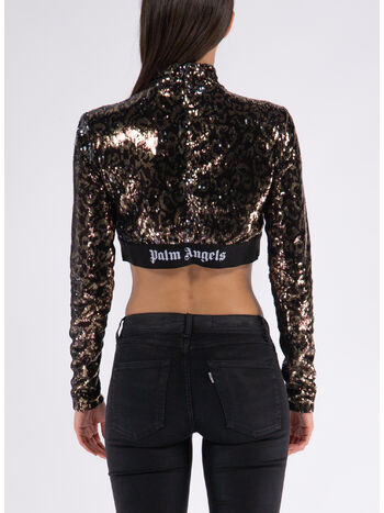 T-SHIRT CROPPED LONGSLEEVE LOGO TAPE SEQUINS, 6010 BROWN BLACK, small