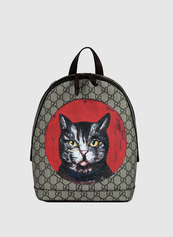 ZAINO MISURA PICCOLA IN GG SUPREME CON STAMPA GATTO, 9745BEIGE, small
