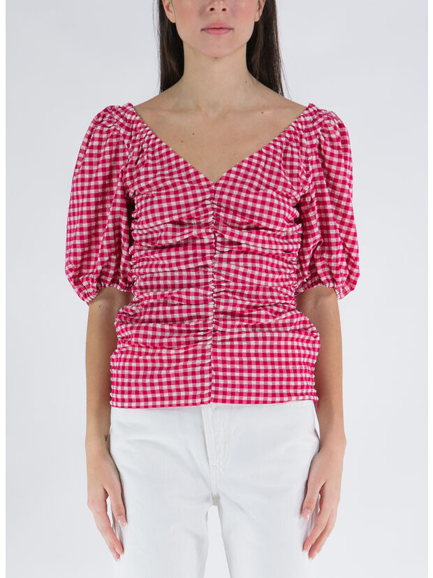 BLOUSA STRETCH SEERSUCKER GATHERED V NECK, 487 LOVE POTION, large