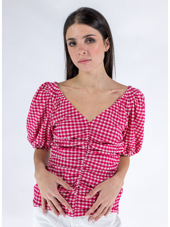 BLOUSA STRETCH SEERSUCKER GATHERED V NECK, 487 LOVE POTION, small
