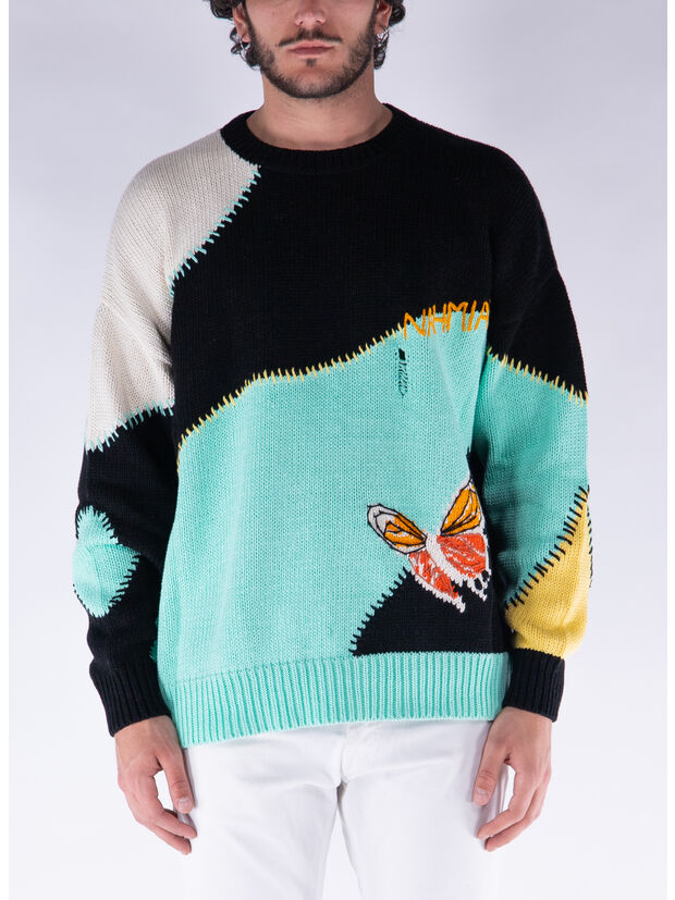MAGLIONE A GIROCOLLO BUTTERFLY INTARSIA, MARINE BLUE/MULTI, large