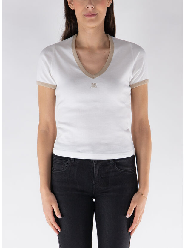T-SHIRT CONTRAST V NECK, B131 WHITE HERITAGE/ SAND, large