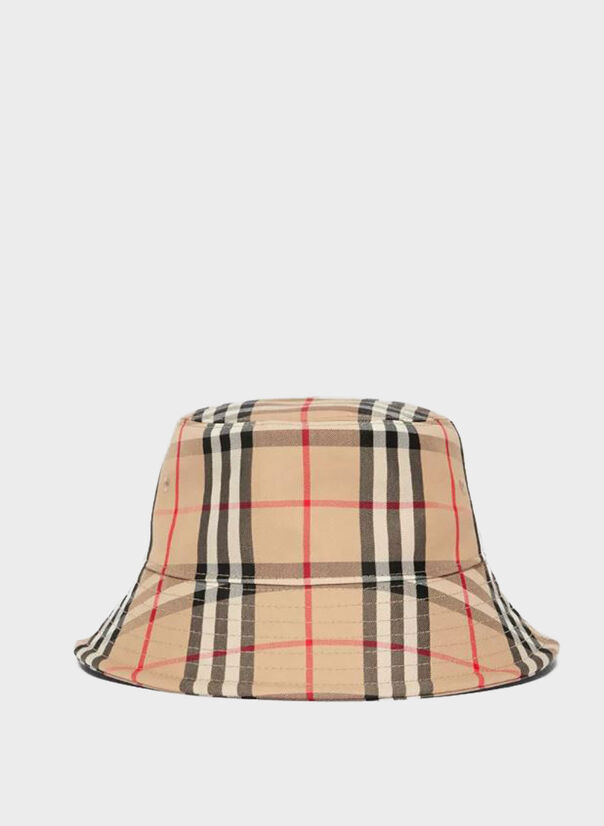 CAPPELLO DA PESCATORE IN MISTO COTONE CON MOTIVO VINTAGE CHECK, A7026 ARCHIVE BEIGE, large