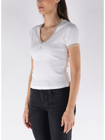 T-SHIRT CONTRAST V NECK, B131 WHITE HERITAGE/ SAND, small
