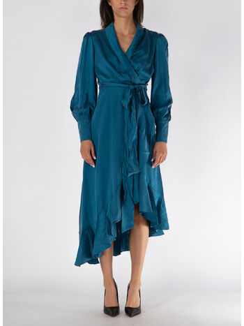ABITO MIDI AVVOLGENTE IN SETA, TEAL, small