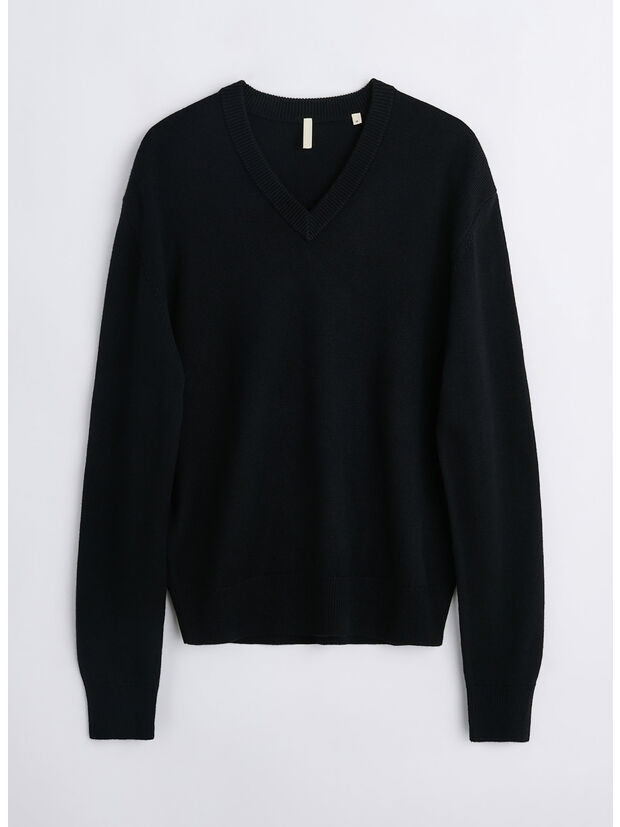 MAGLIONE MOON MERINO CON COLLO A V, 999 BLACK, large