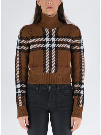 PULLOVER CROPPED IN LANA CON MOTIVO TARTAN IN JACQUARD, DARK BIRCH BROWN, small