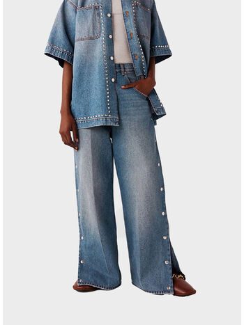 JEANS BOOTCUT IN DENIM CON BORCHIE METALLICHE, , small