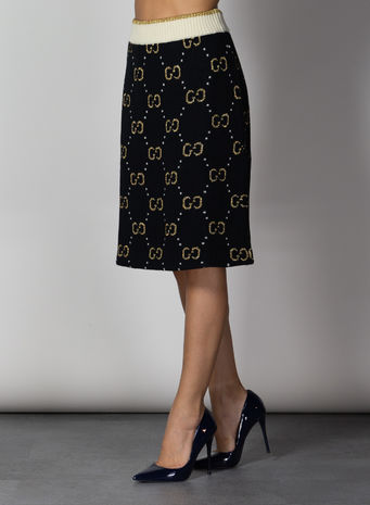 GONNA IN LANA GG LAVORATA A MAGLIA, 1182BLACKIVORYGOLD, small