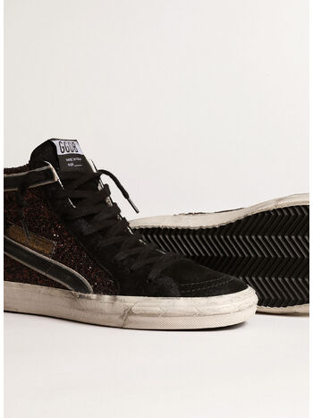 SCARPA GLITTER CON STELLA E VIRGOLA IN PELLE, 81993 COFFEE BROWN/BLACK/SILVER, small