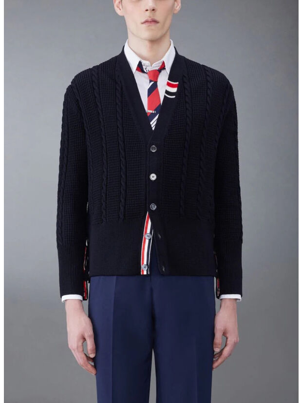 CARDIGAN CABLE STITCH RELAXED V NECK, 415 NAVY, large