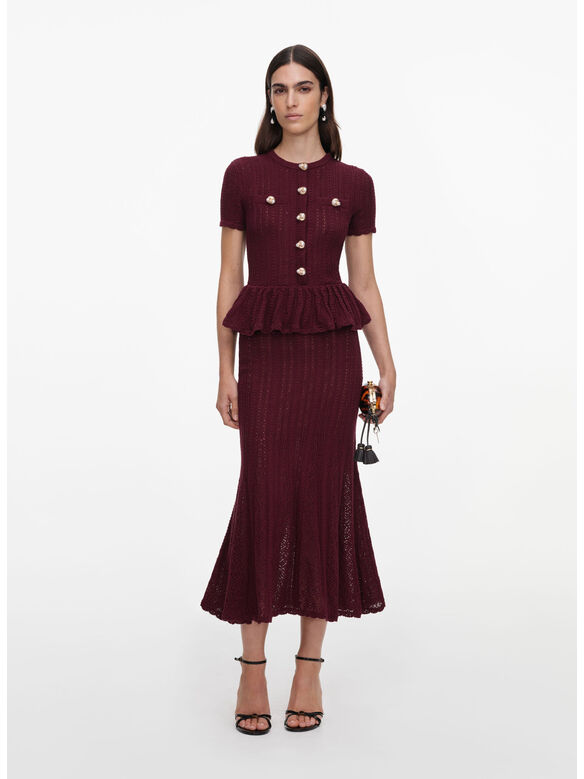 ABITO POINTELLE PEPLUM KNIT MIDI, BURGUNDY, medium