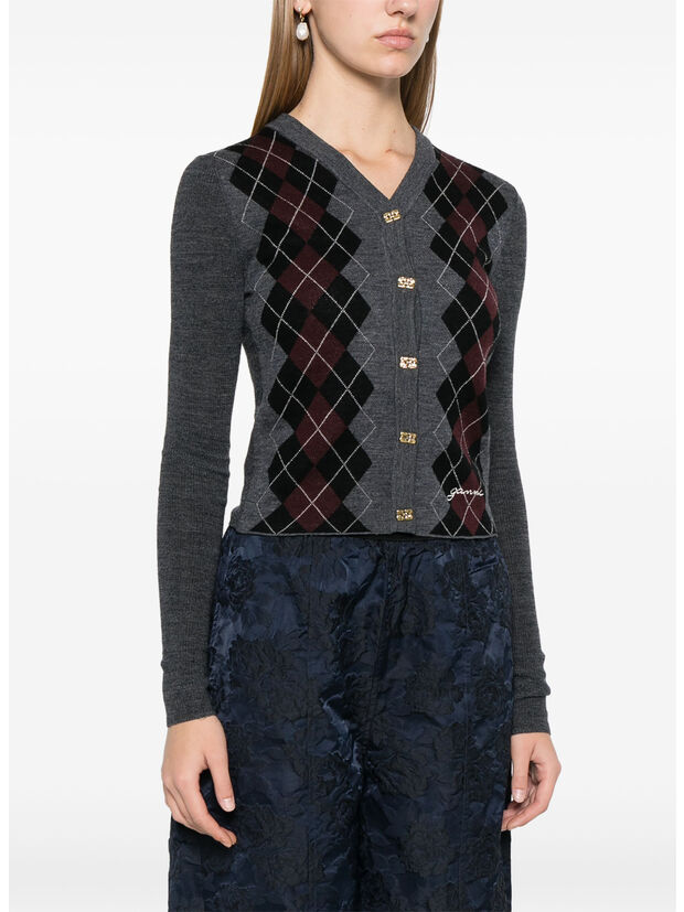 CARDIGAN IN MAGLIA ARGYLE, 523 FROST GREY, large