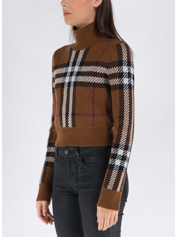 PULLOVER CROPPED IN LANA CON MOTIVO TARTAN IN JACQUARD, DARK BIRCH BROWN, small