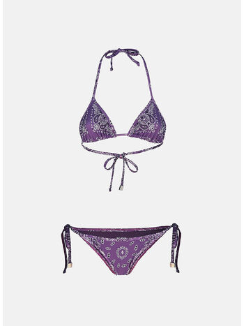 BIKINI IN LYCRA CON STAMPA A BANDANA, 690 VIOLET BROWN WHITE, small