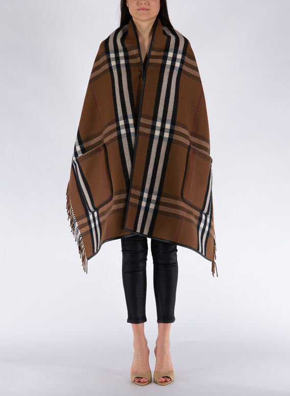 MANTELLA IN LANA E CASHMERE CON MOTIVO TARTAN, BIRCHBROWN, medium