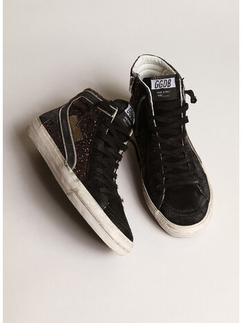 SCARPA GLITTER CON STELLA E VIRGOLA IN PELLE, 81993 COFFEE BROWN/BLACK/SILVER, small
