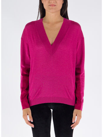 MAGLIONE CASHMERE  & FLUID SATIN V-NECK, DP847 RASPBERRY, small