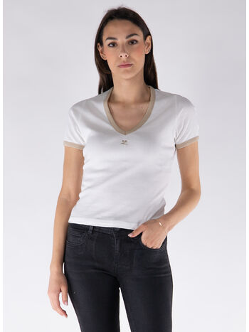 T-SHIRT CONTRAST V NECK, B131 WHITE HERITAGE/ SAND, small