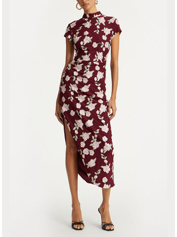 ABITO LUNGO MESH ASYMMETRIC FLOWER PRINT, 2934 ZINFANDEL, small