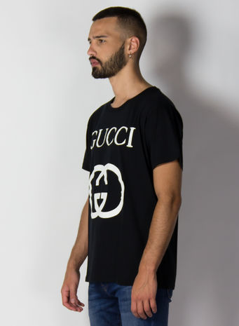 T-SHIRT OVERSIZE CON STAMPA GG, 1289BLACKIVORY, small