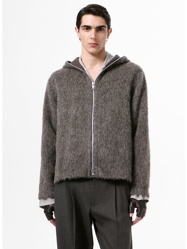 HOODIE FULL ZIP, MOLE GREY HAIRY WOOL, large