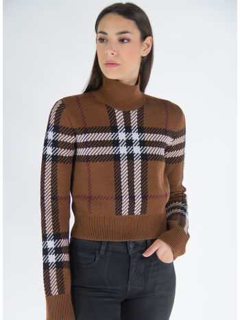PULLOVER CROPPED IN LANA CON MOTIVO TARTAN IN JACQUARD, DARK BIRCH BROWN, small