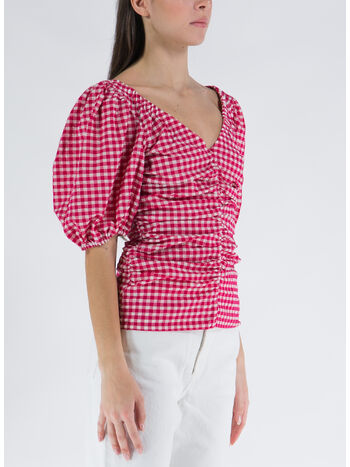 BLOUSA STRETCH SEERSUCKER GATHERED V NECK, 487 LOVE POTION, small