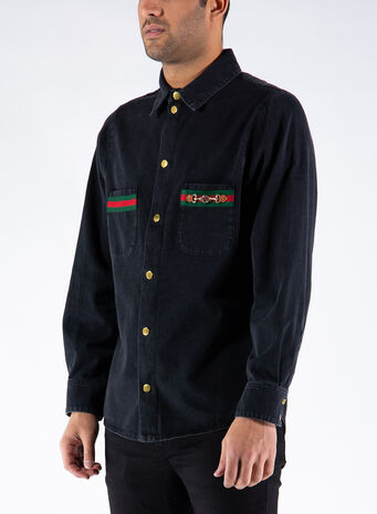 CAMICIA IN DENIM ORGANICO CON LAVAGGIO ECO E NASTRO WEB, 1043BLACKMIX, small