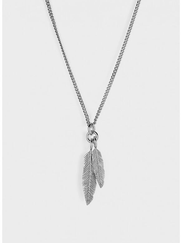 COLLANA TWIN FEATHER PENDANT, SILVER, medium