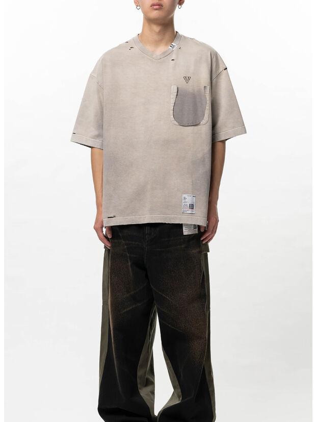 T-SHIRT SUN FADED V-NECK, BEIGE, large